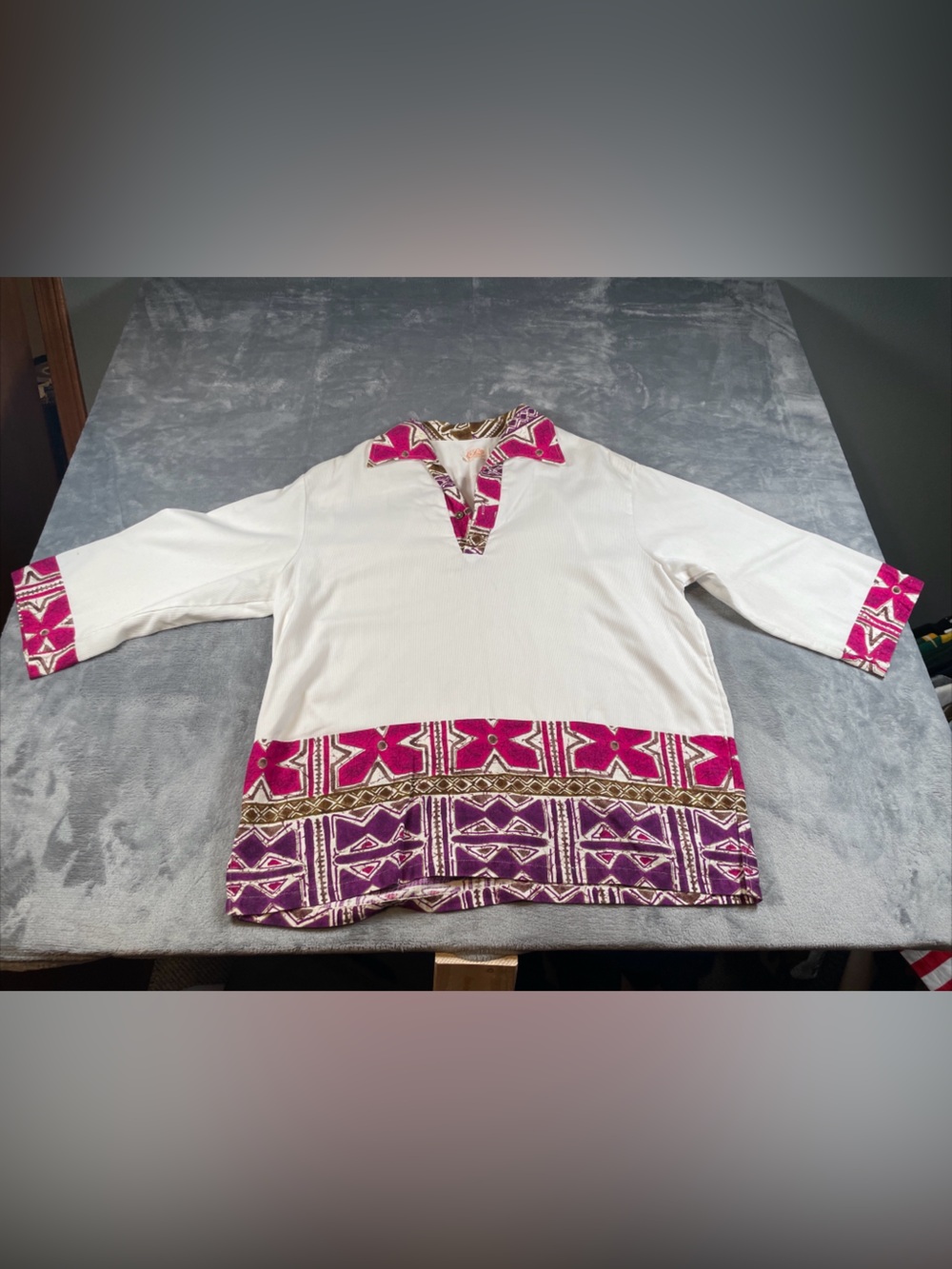 White Women's Tunic Top with Pink & Purple Tribal Trim